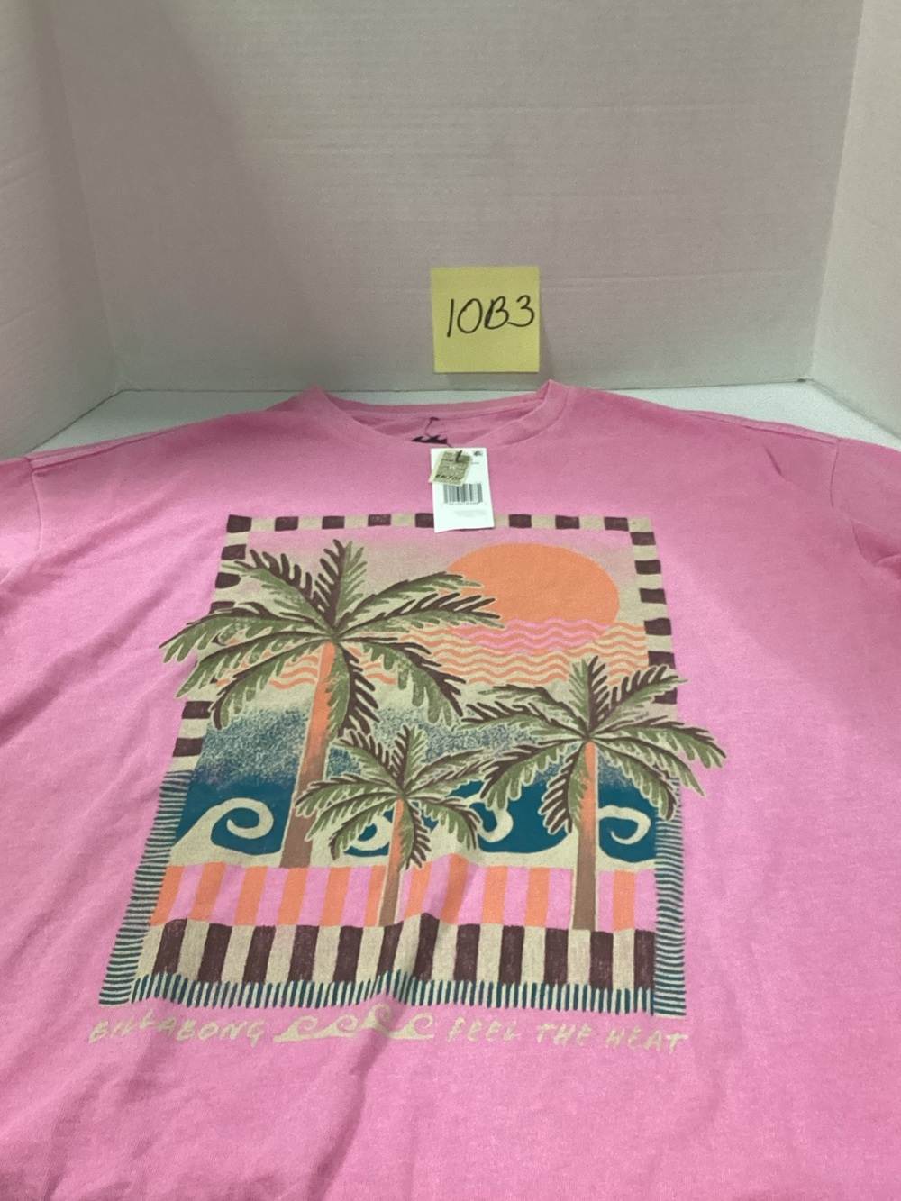 Billabong Pink Tropical Palm Graphic Tee with Sunset Print. Feel the Heat